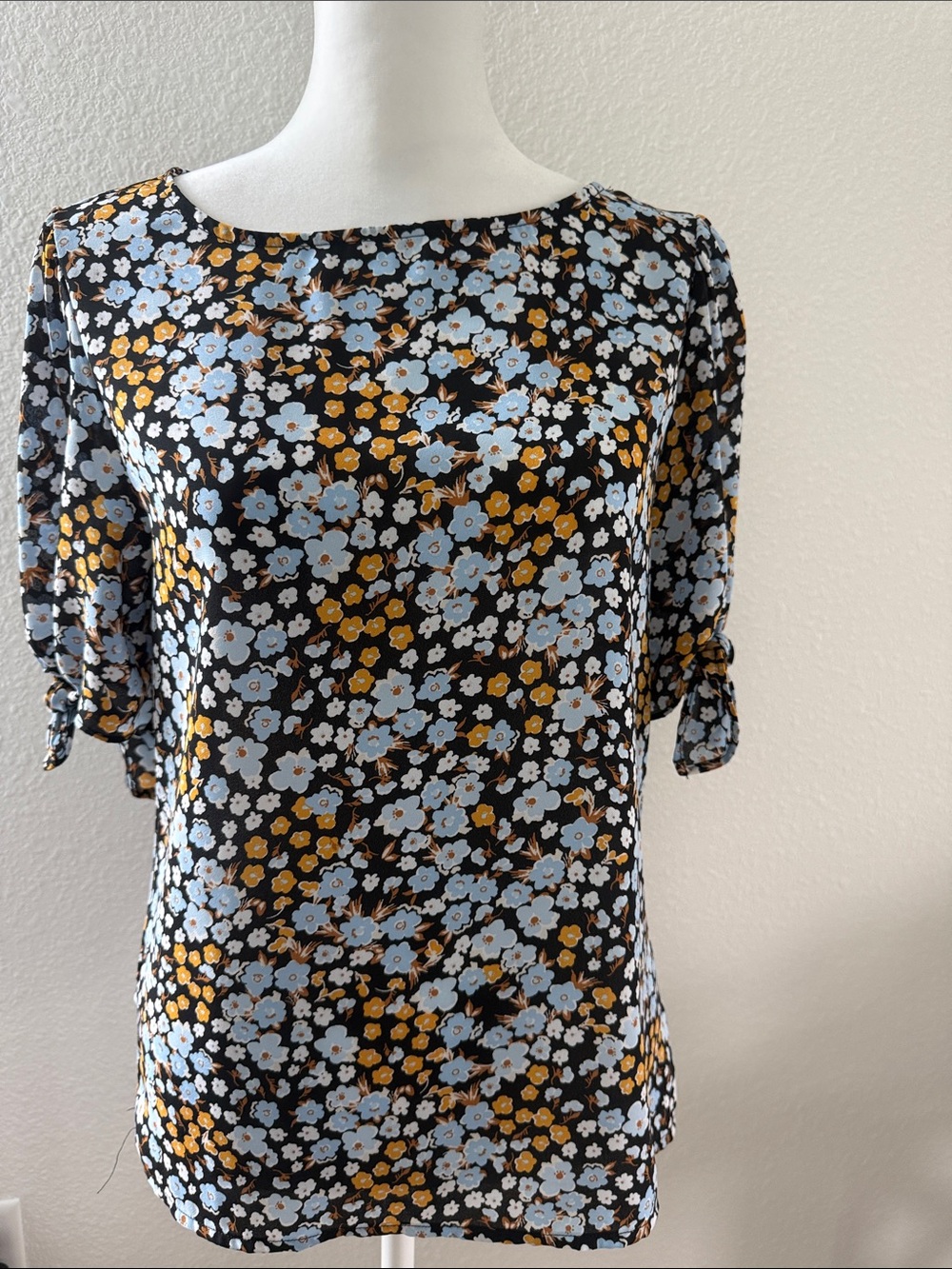Ann Taylor Factory Black Floral Tie-Sleeve Blouse with Blue & Mustard Flowers